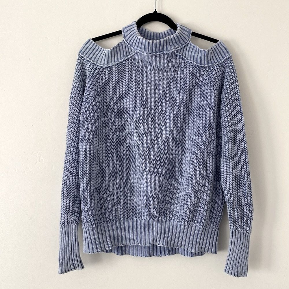 Free People Blue Oversized Slouchy Off-the-Shoulder Cotton Sweater XS Open Back - Picture 3 of 11